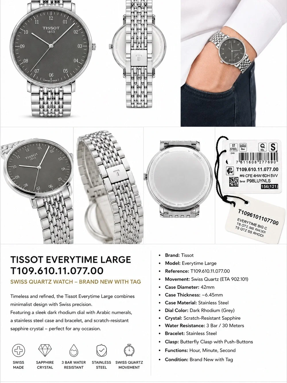 Tissot Everytime Large Men's Stainless Steel Watch — Dark Rhodium